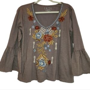 Caite Handmade Taupe Embroidered Bell Sleeve Top Size XL Stretch Boho Babydoll